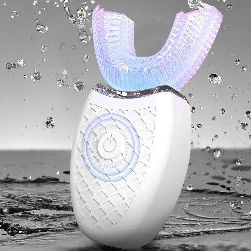 Electric toothbrush surrounded by water splashes highlighting waterproof design
