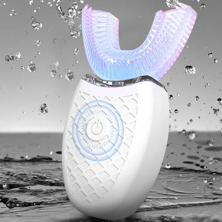 Electric toothbrush surrounded by water splashes highlighting waterproof design
