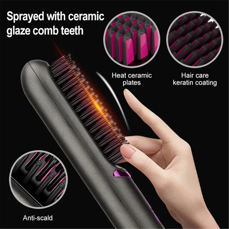 Portable cordless hair styler being used on blonde hair for smooth styling