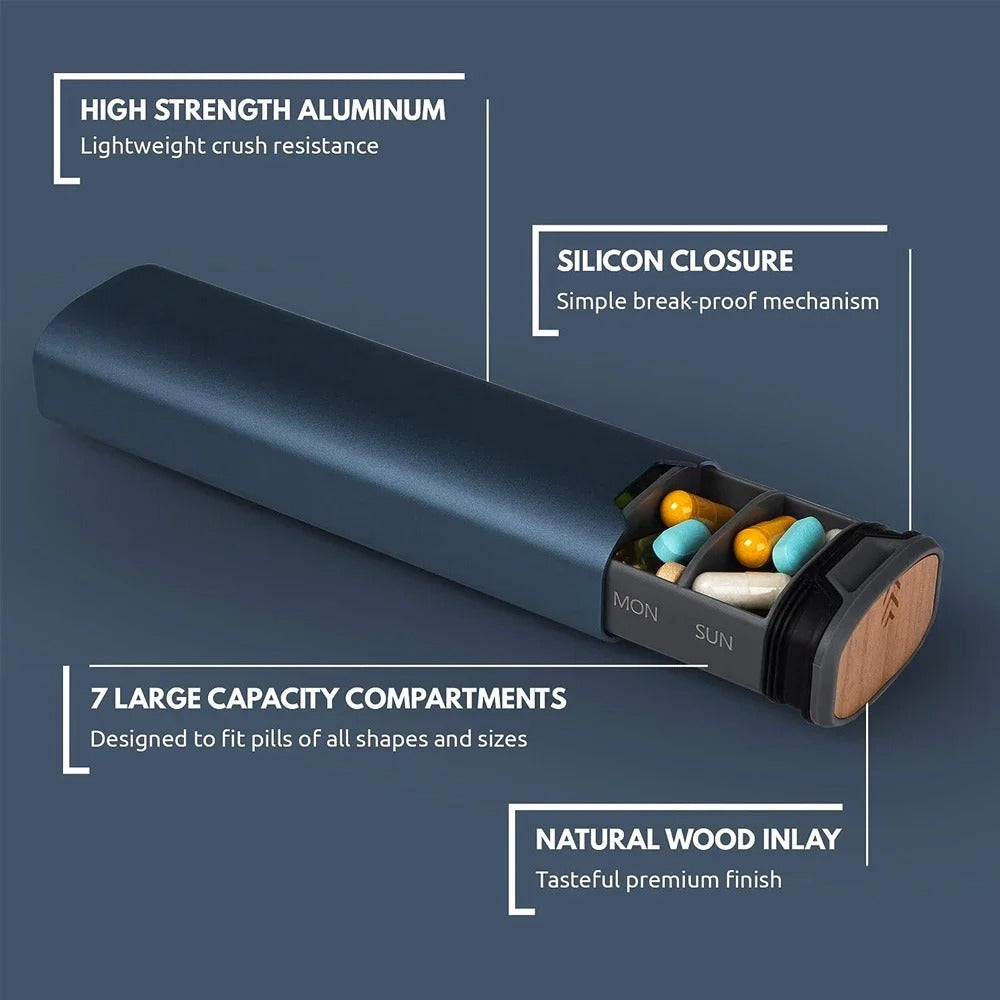 Weekly pill organiser in aluminium and wood with compartments