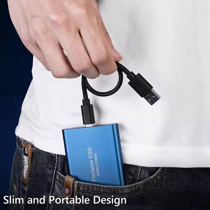 Ultra-Fast Portable External Solid State Drive connected to a laptop via USB-C cable