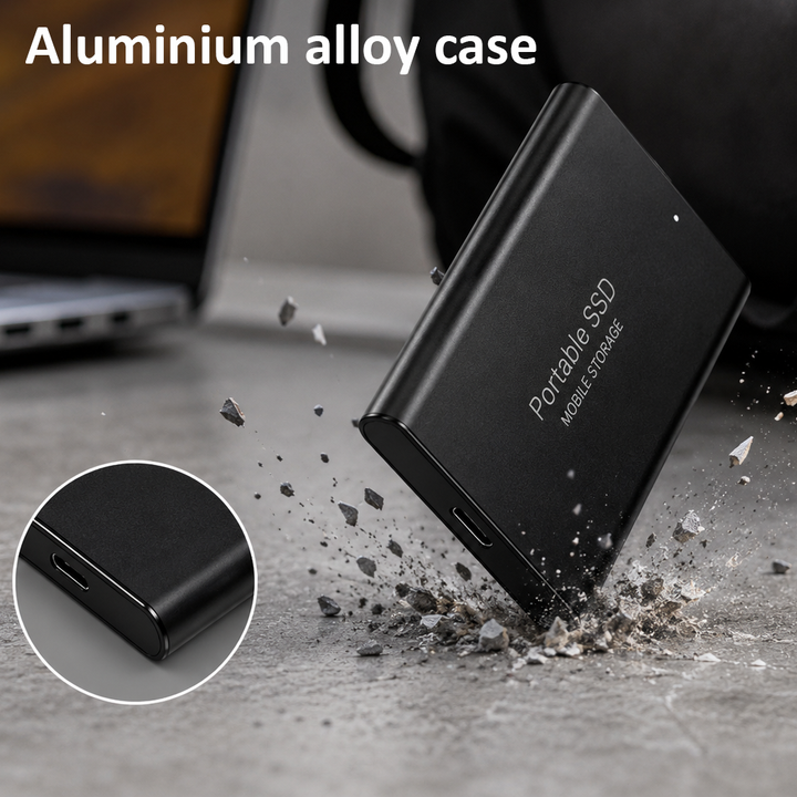 High-speed portable storage device angled to highlight metallic finish and port