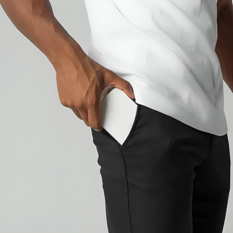 Close-up of pocket detail on men's modern fit chino trousers