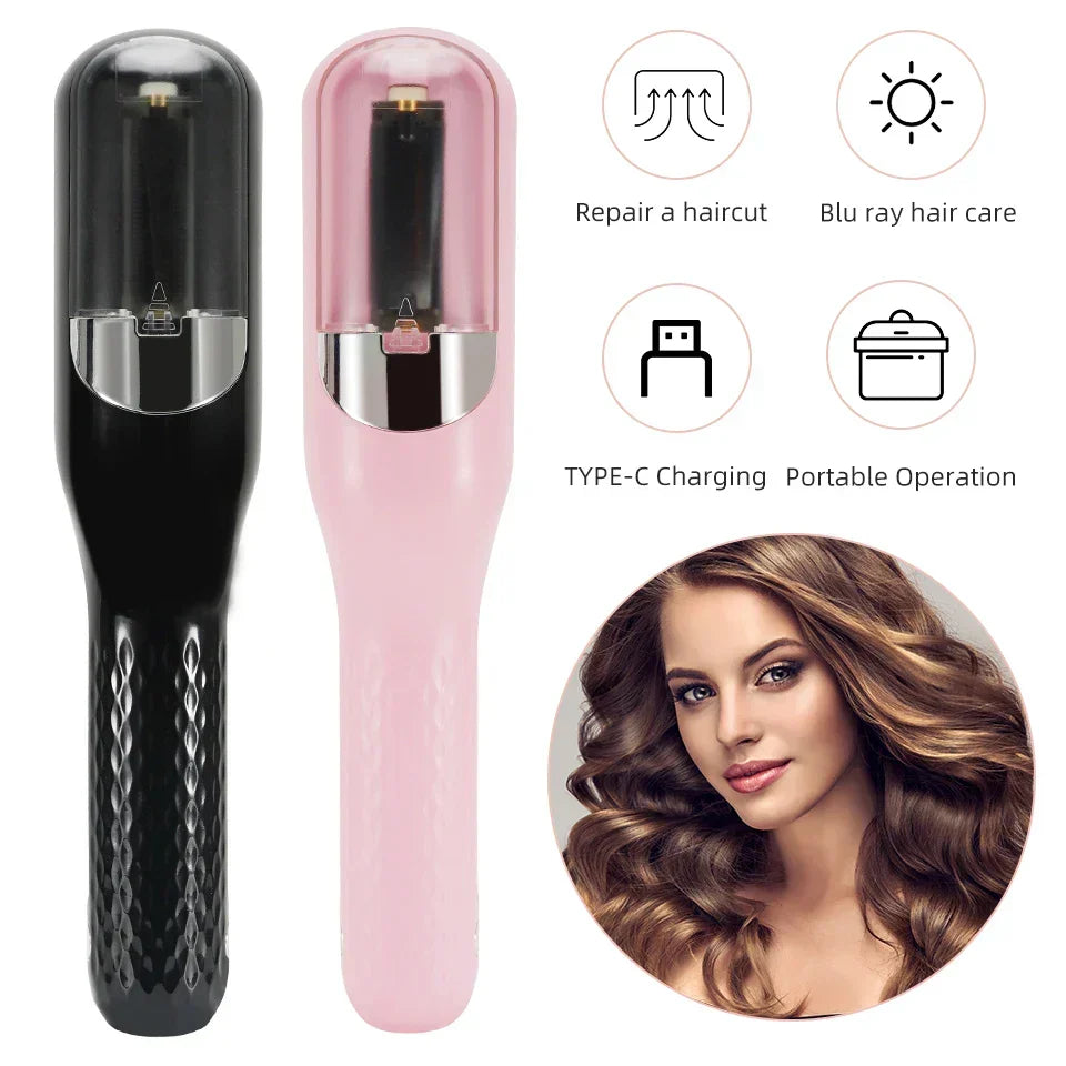 Cordless split end hair trimmer in sleek pink, ideal for home hair care and styling.
