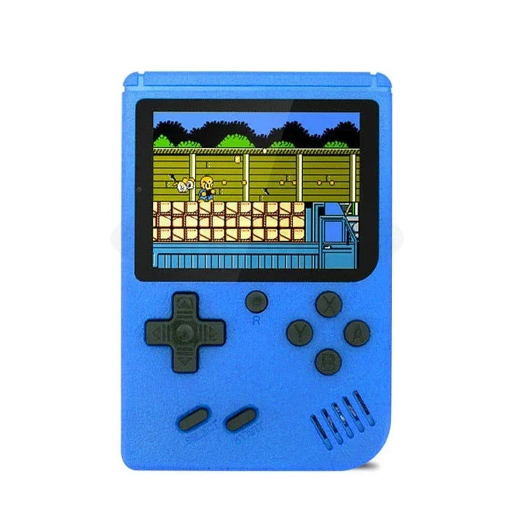 Blue retro handheld video games console showing gameplay screen