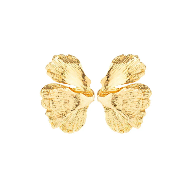 Gold tone women's elegant petal drop earrings lifestyle shot