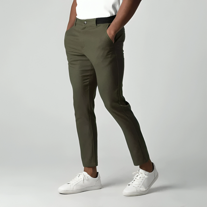 Back view of men's black slim fit trousers highlighting pocket design and tailoring