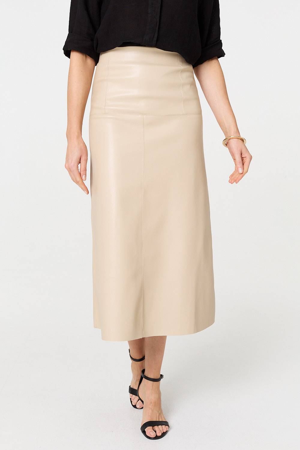 Formal evening wear outfit featuring brown midi skirt