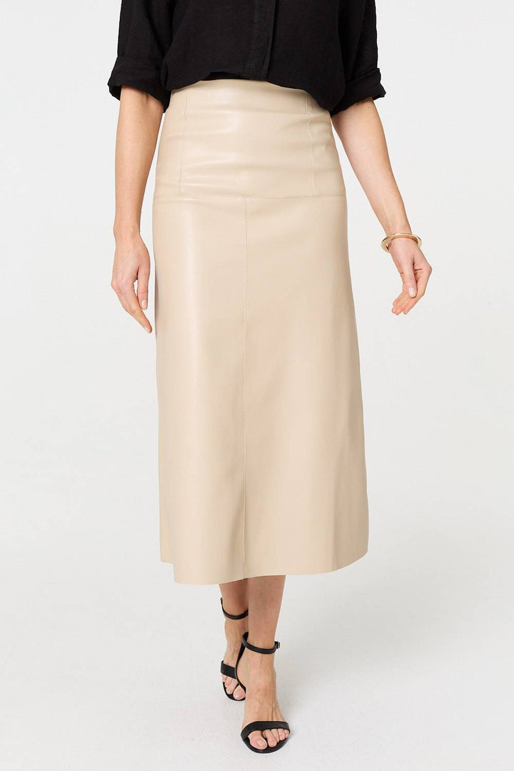 Formal evening wear outfit featuring brown midi skirt