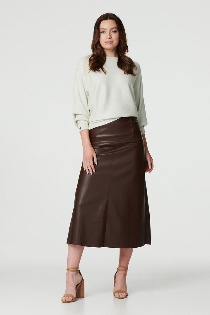Back view of brown high waist midi skirt for evening wear