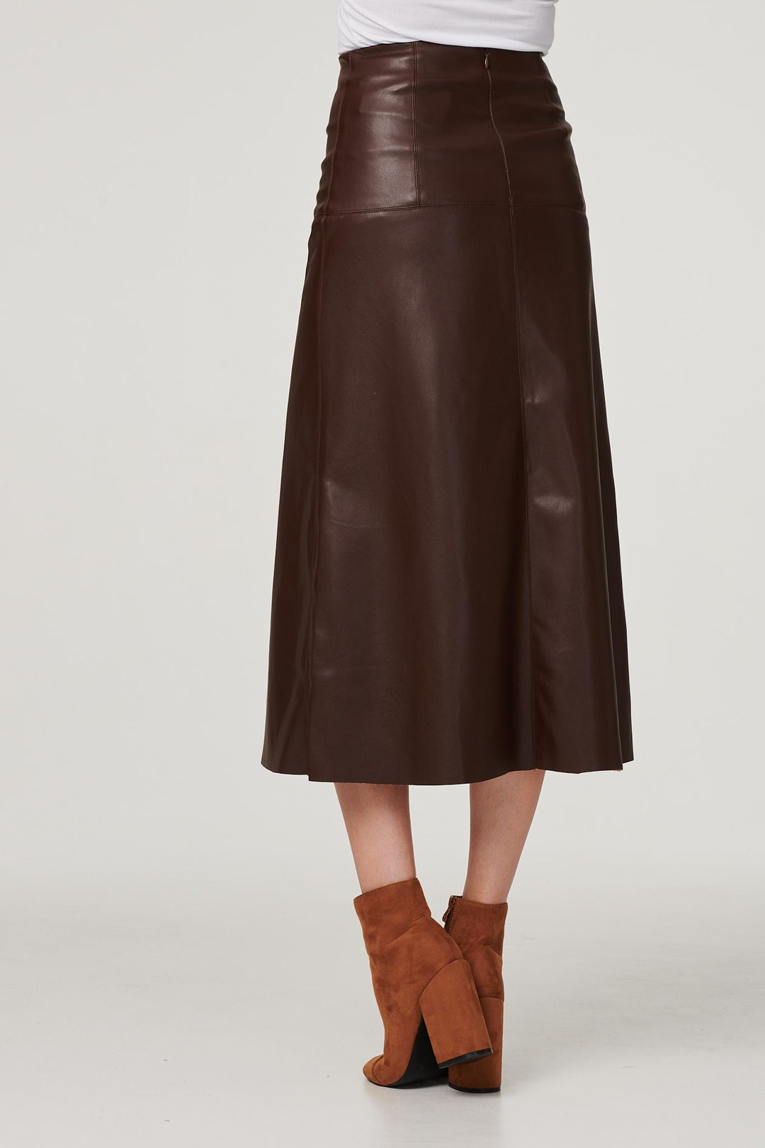 Hems and stitching detail on women's brown midi skirt