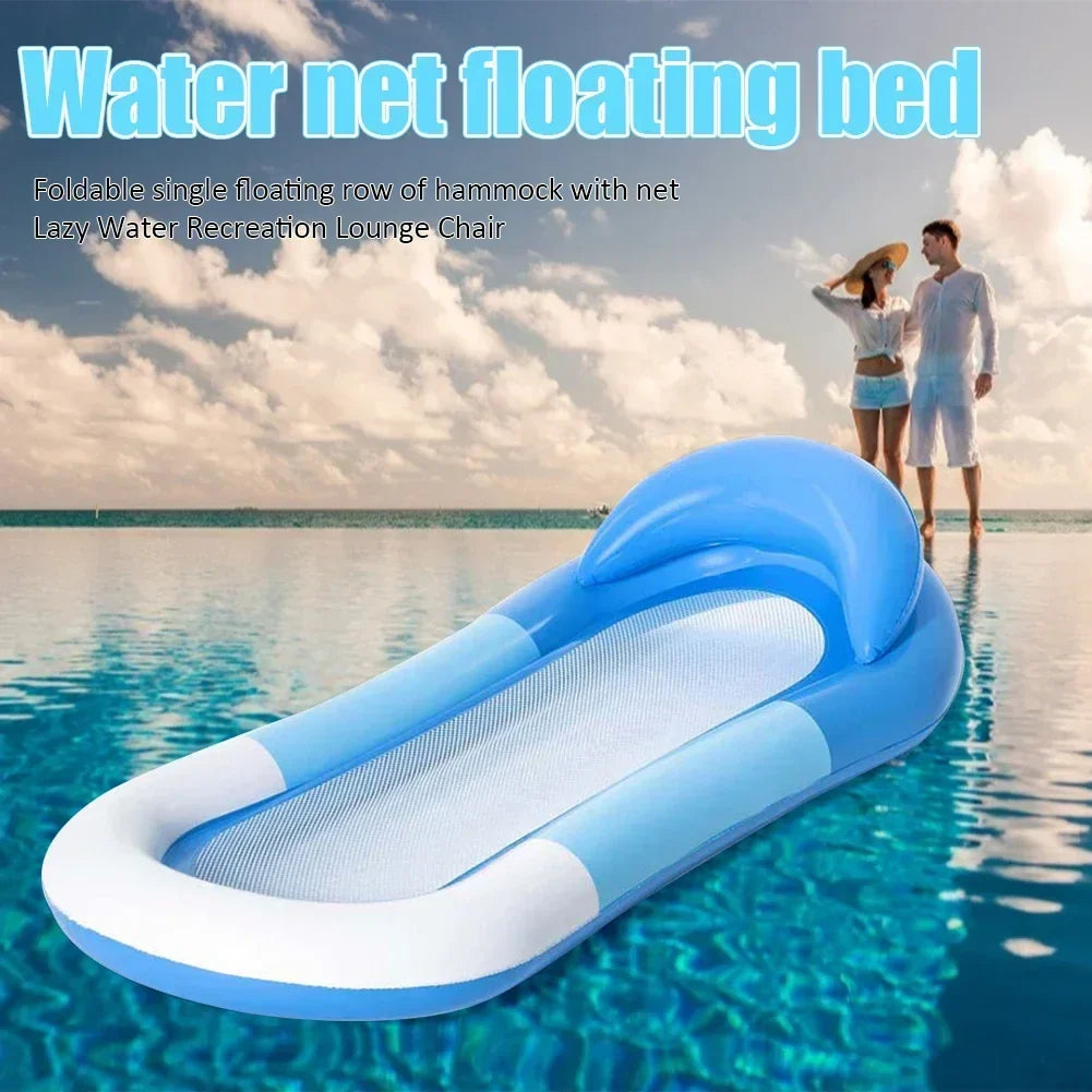Unisex inflatable water hammock pool float set up as a comfortable floating bed for summer relaxation