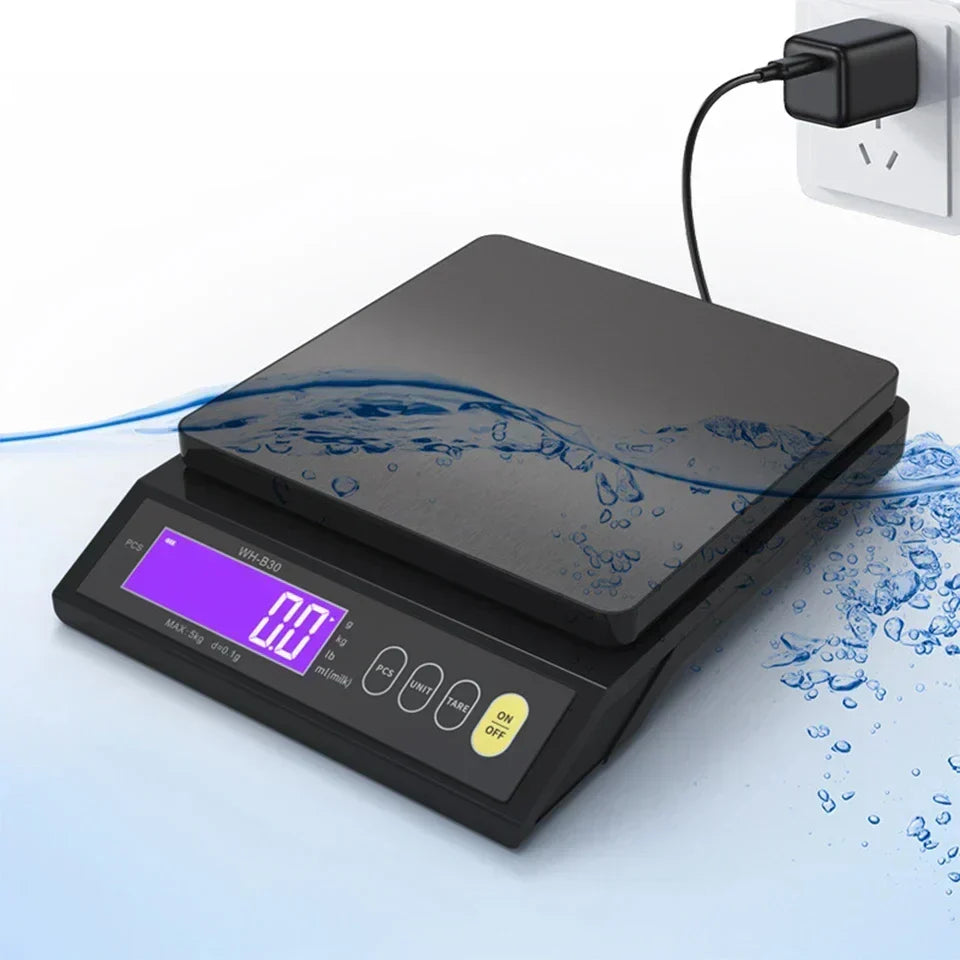 Waterproof digital kitchen scale with illuminated purple display being splashed with water