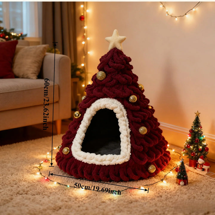 Cozy enclosed cat bed shaped like a Christmas tree for winter comfort