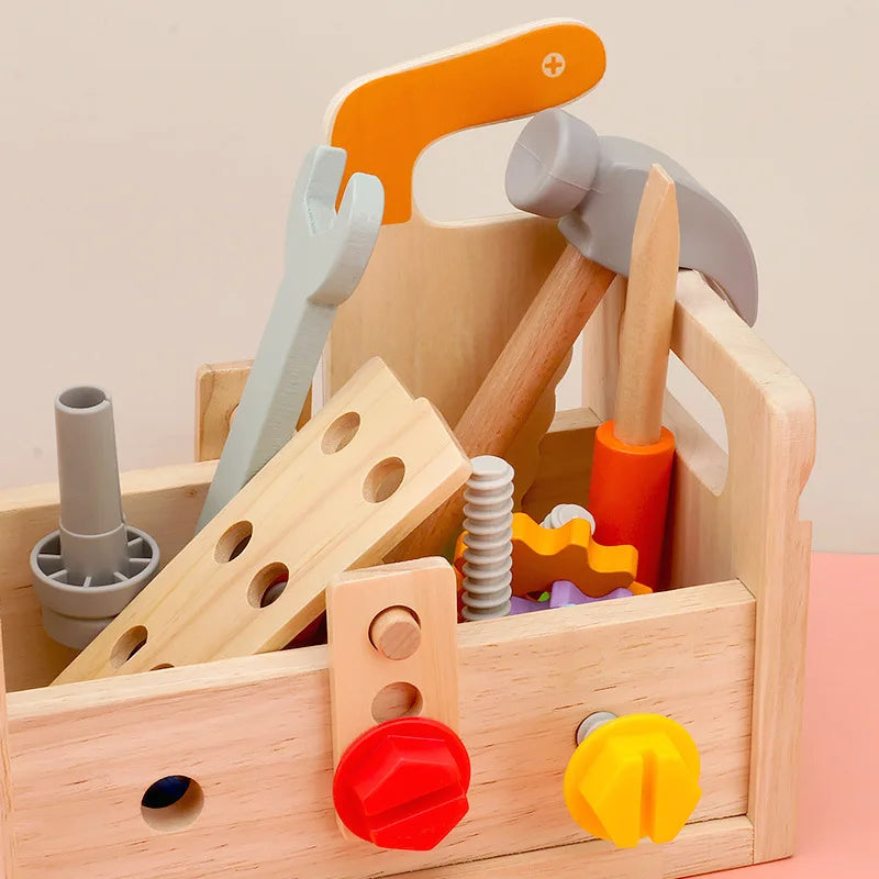 Detailed view of wooden construction toy box featuring colorful nuts and bolts