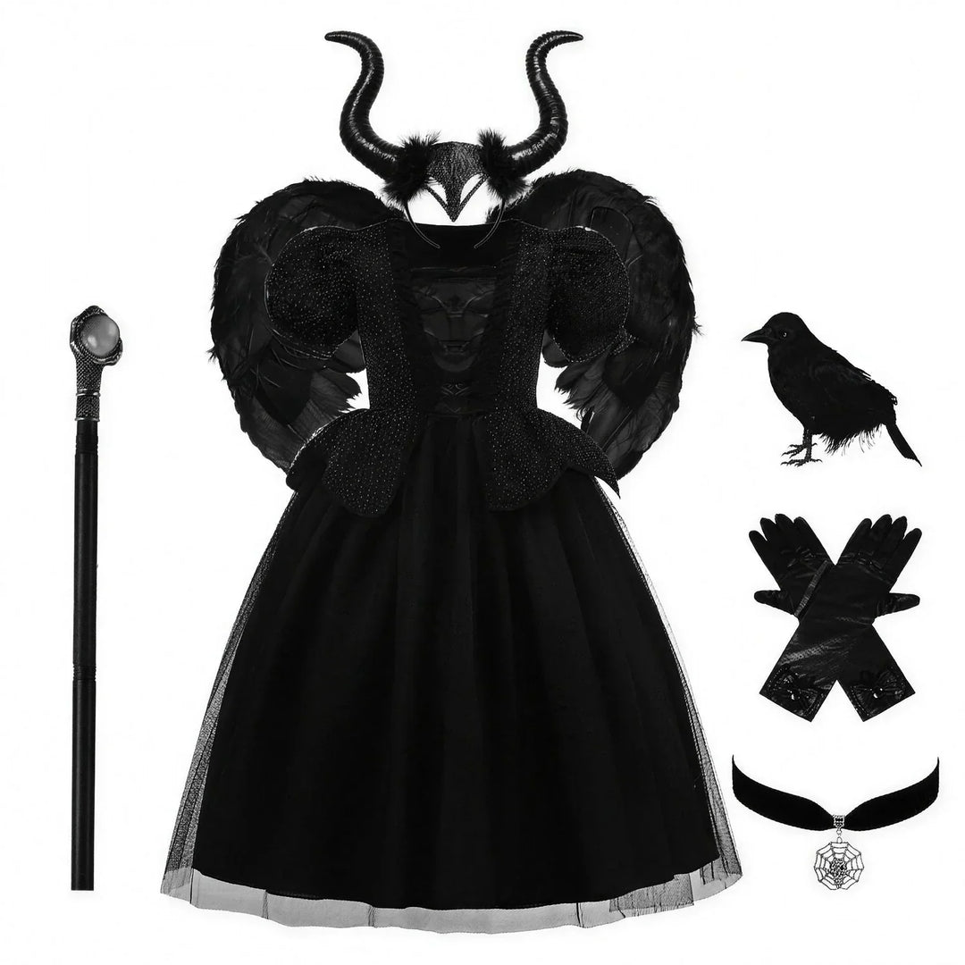 Girls black horned witch costume set with wings staff and raven
