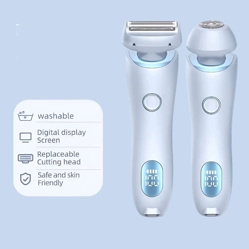 Waterproof cordless body shaver displayed next to its charging base