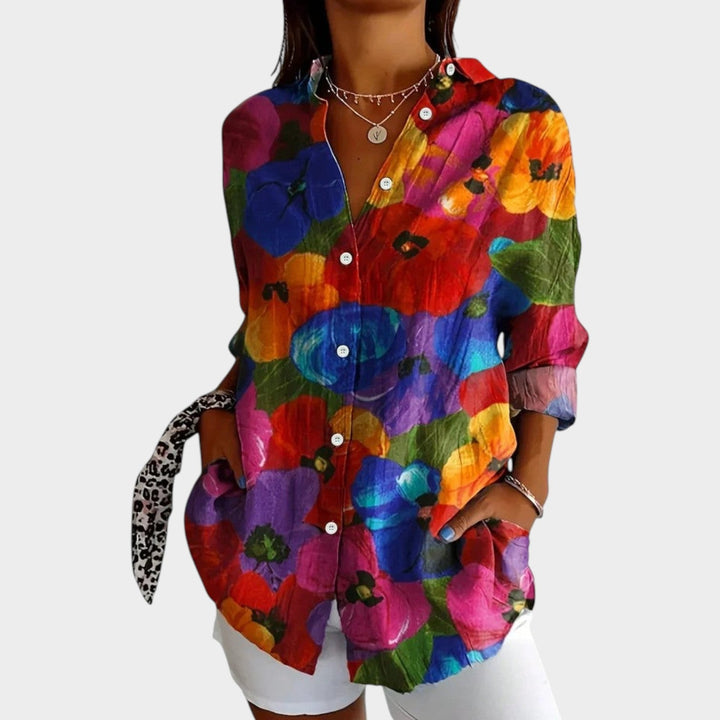 Back view of womens floral botanical casual top with tailored fit