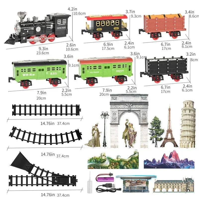 Black vintage train locomotive with passenger carriages and layout pieces