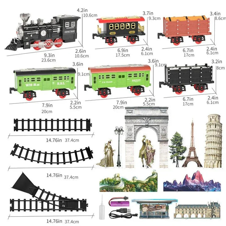 Black vintage train locomotive with passenger carriages and layout pieces