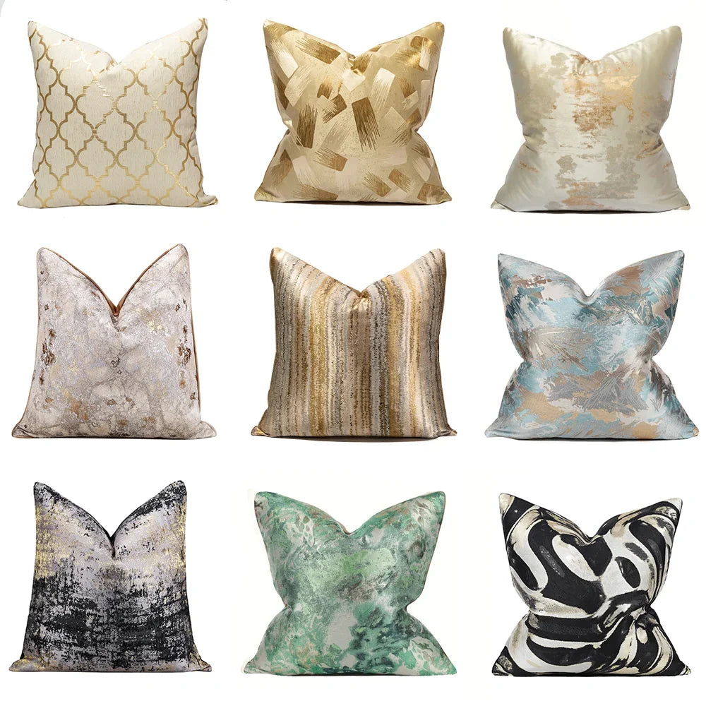 Collection of various abstract art cushion covers displaying different patterns and colors