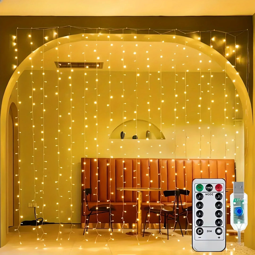 USB LED curtain lights glowing warmly in a living room setup with a remote control