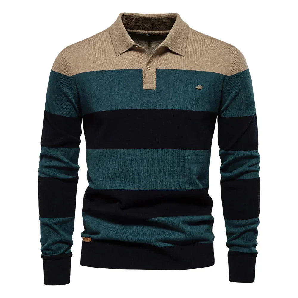 Theo | Men’s Striped Knit Long Sleeve Polo Sweater
