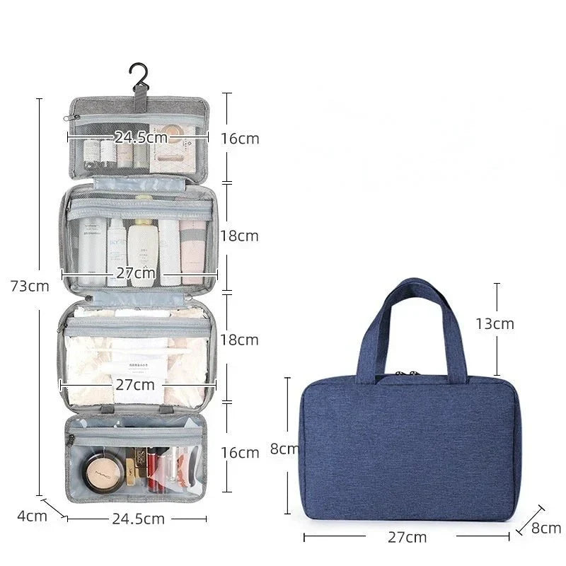 Infographic showing dimensions and multi-compartment features of the bag
