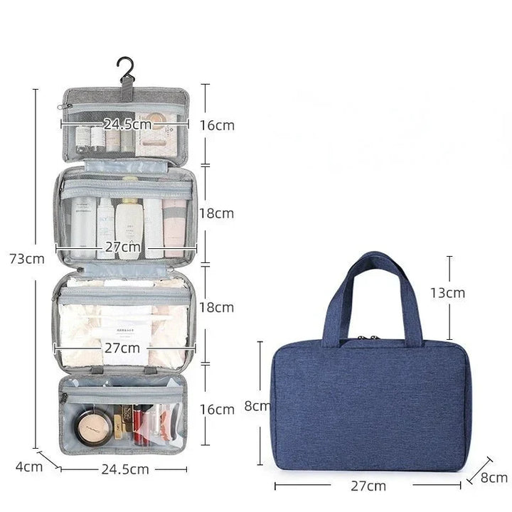 Infographic showing dimensions and multi-compartment features of the bag