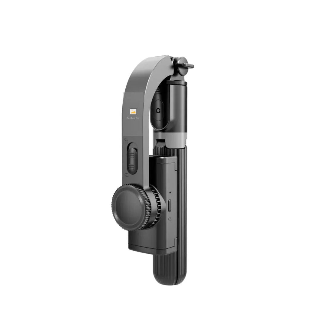 Folded black Bluetooth smartphone gimbal stabilizer standing upright