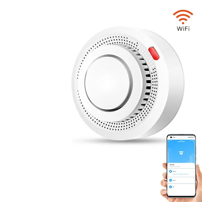 WiFi smoke detector fire alarm unit viewed from a low angle on white background