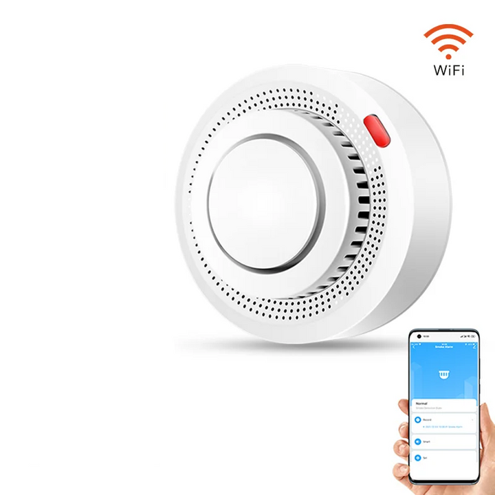 WiFi smoke detector fire alarm unit viewed from a low angle on white background