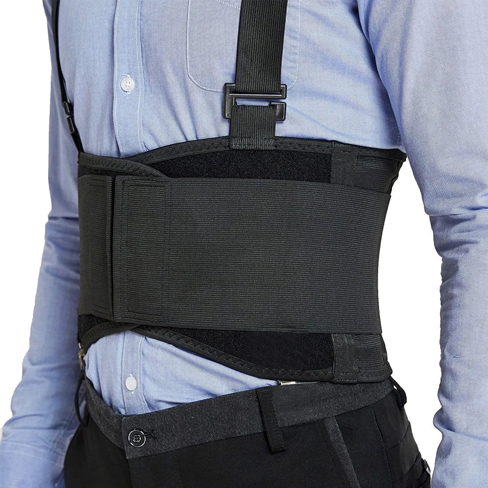 Side view of a man wearing the heavy lifting support belt with shoulder straps