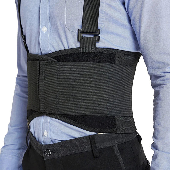 Side view of a man wearing the heavy lifting support belt with shoulder straps