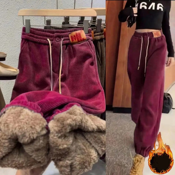 Side pocket view of warm winter joggers for women