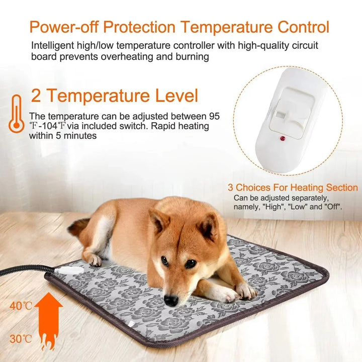 Dog resting comfortably on a patterned pet heating mat with temperature control switch