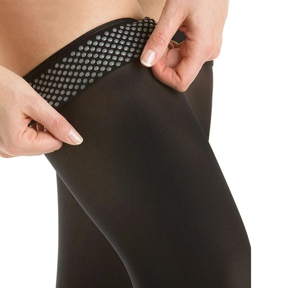 Unisex thigh high compression hosiery in neutral beige for daily wear