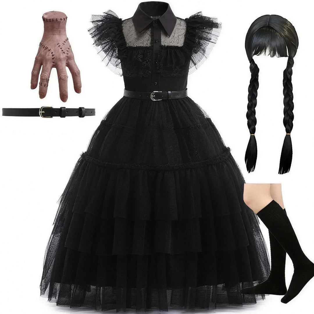 Dark fantasy girls costume and halloween party dress detail view