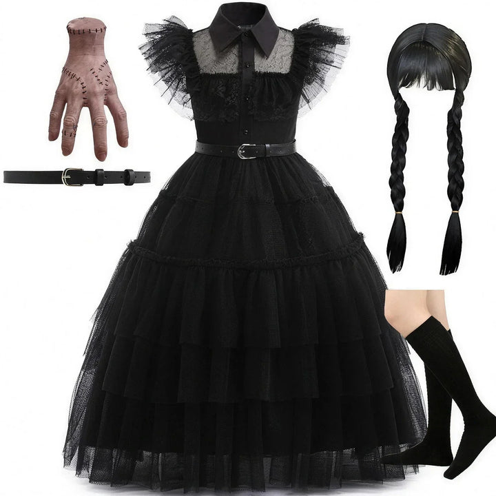 Dark fantasy girls costume and halloween party dress detail view