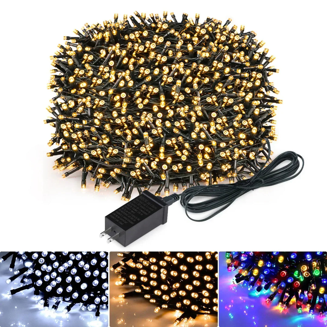 Coiled outdoor LED fairy light chain with power adapter and color swatches