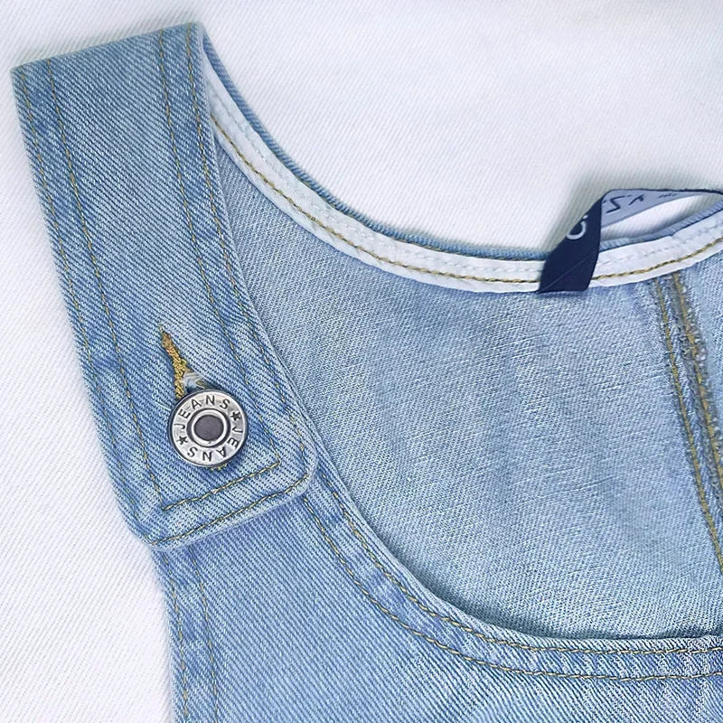 Close-up of the neckline strap button detail on the blue dress