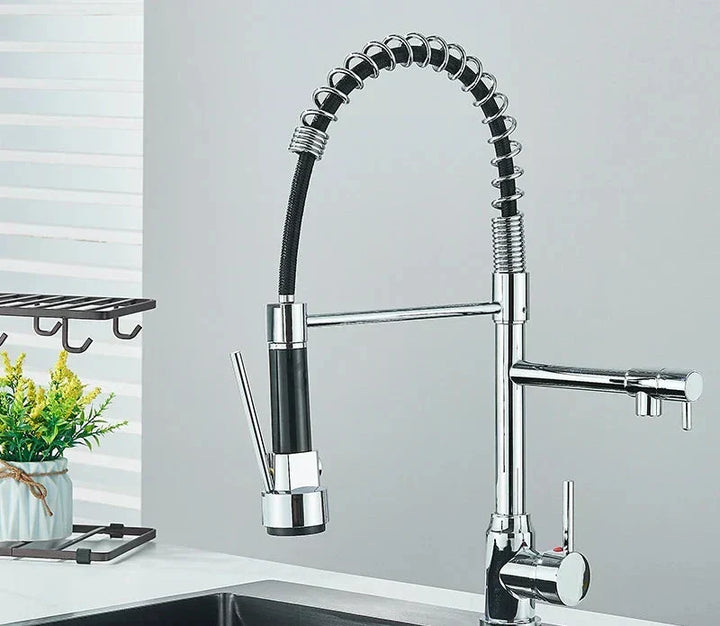 Water tap showing dual-function spray head with stream and spray settings