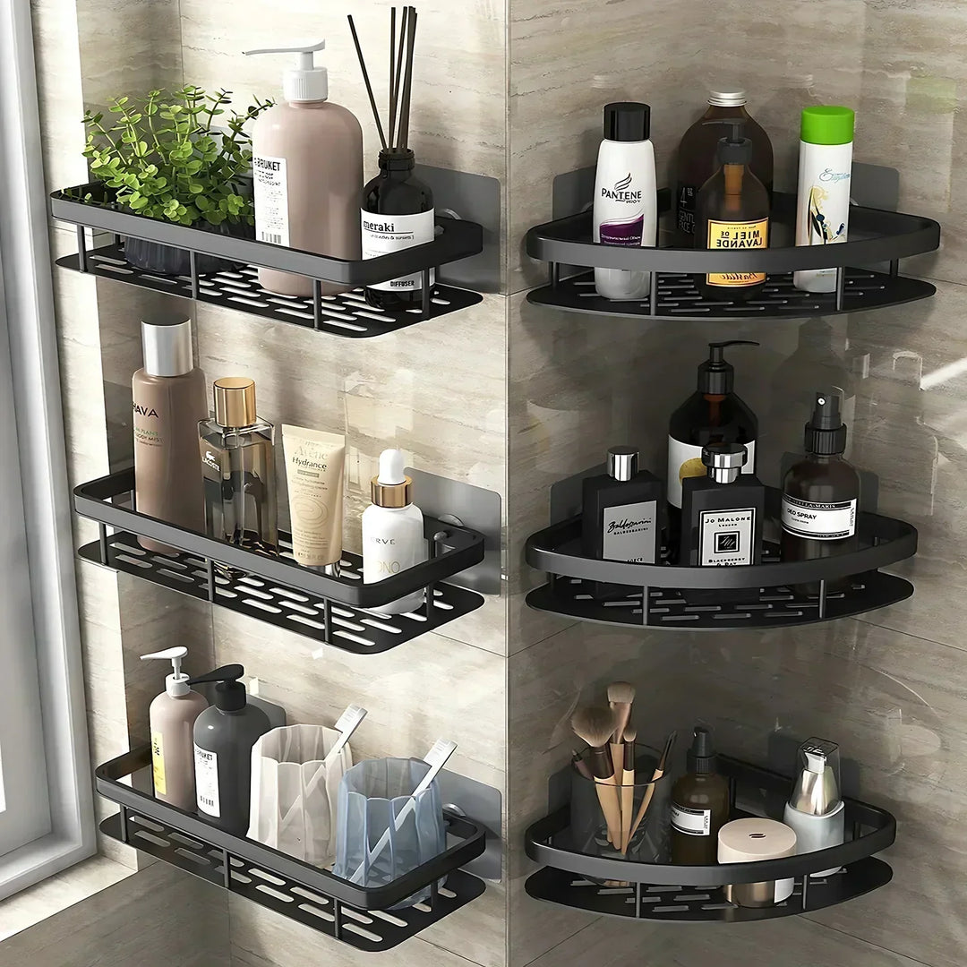 Wall-mounted bathroom shelf and storage organizer for shower essentials