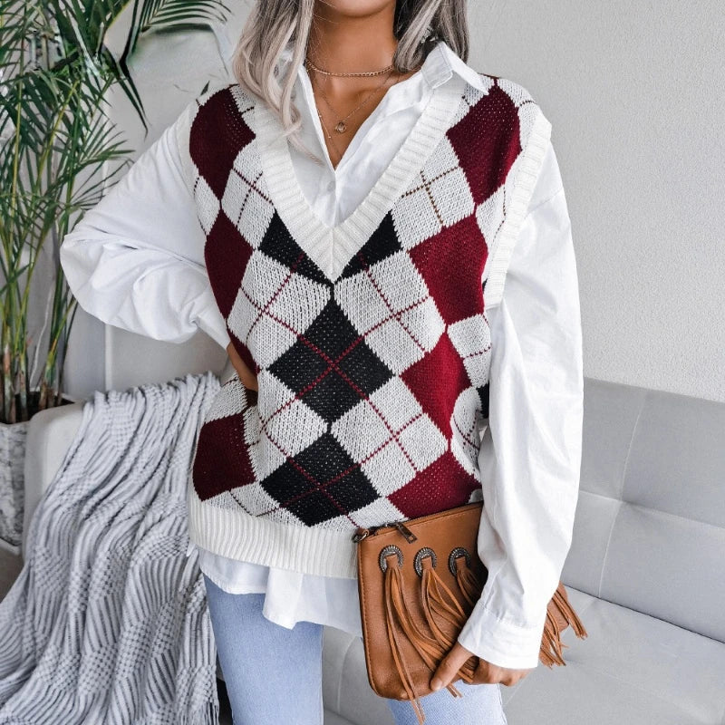 Woman wearing red argyle patterned sleeveless sweater vest