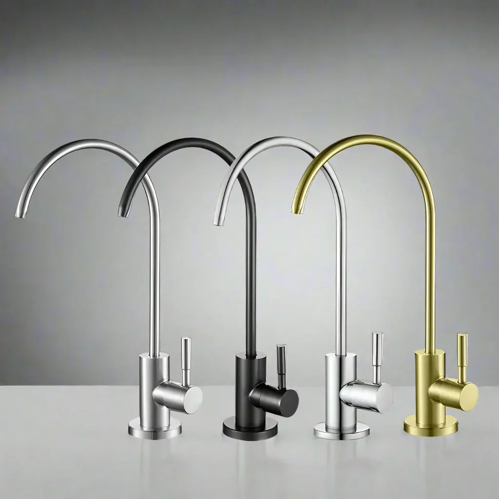 Traced Wire, Black, and Gold stainless steel water purifier taps displayed together