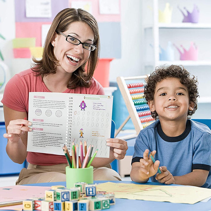 Mother and child smiling together while exploring the interactive practice workbook