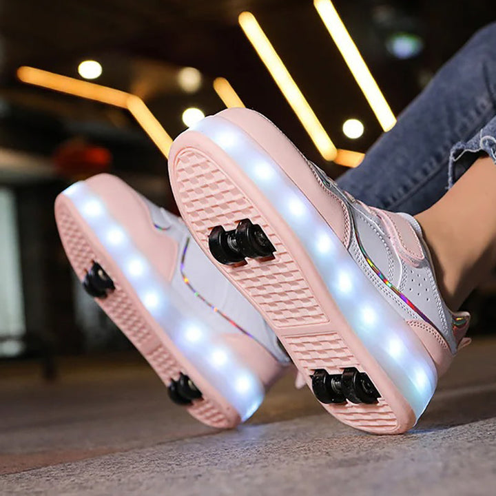 Back angle of children roller skates showing heel wheel mechanism and LED lights