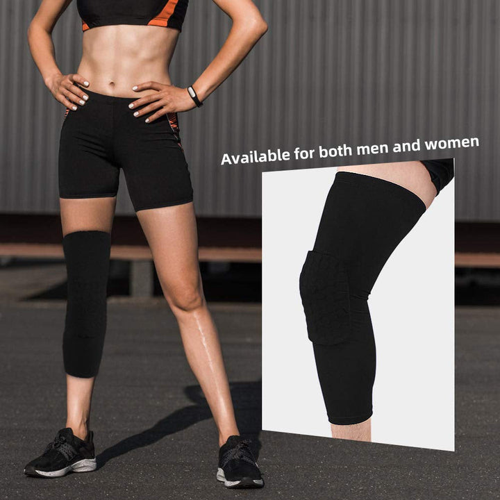 Man and woman modeling sports knee sleeves during workout