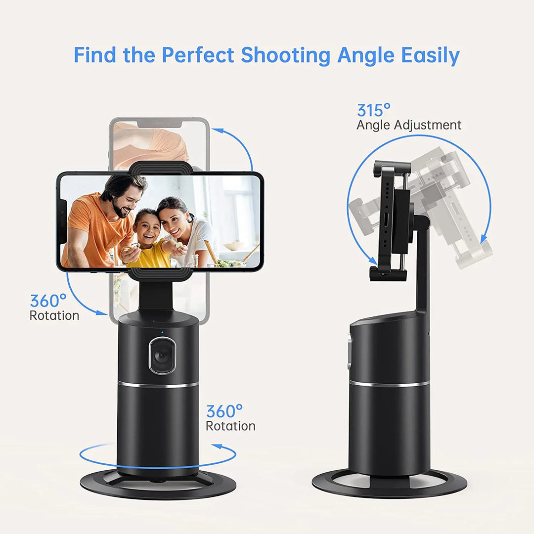 Auto-tracking phone holder base featuring charging port and control button details.