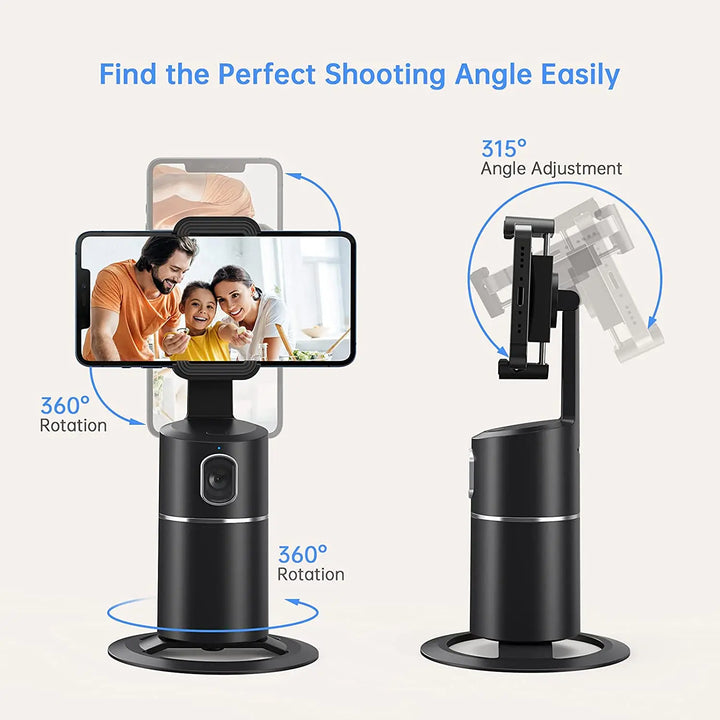 Auto-tracking phone holder base featuring charging port and control button details.
